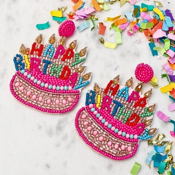 Happy Birthday Layer Cake Celebration Beaded Rhinestone Earrings - Picture 1 of 5